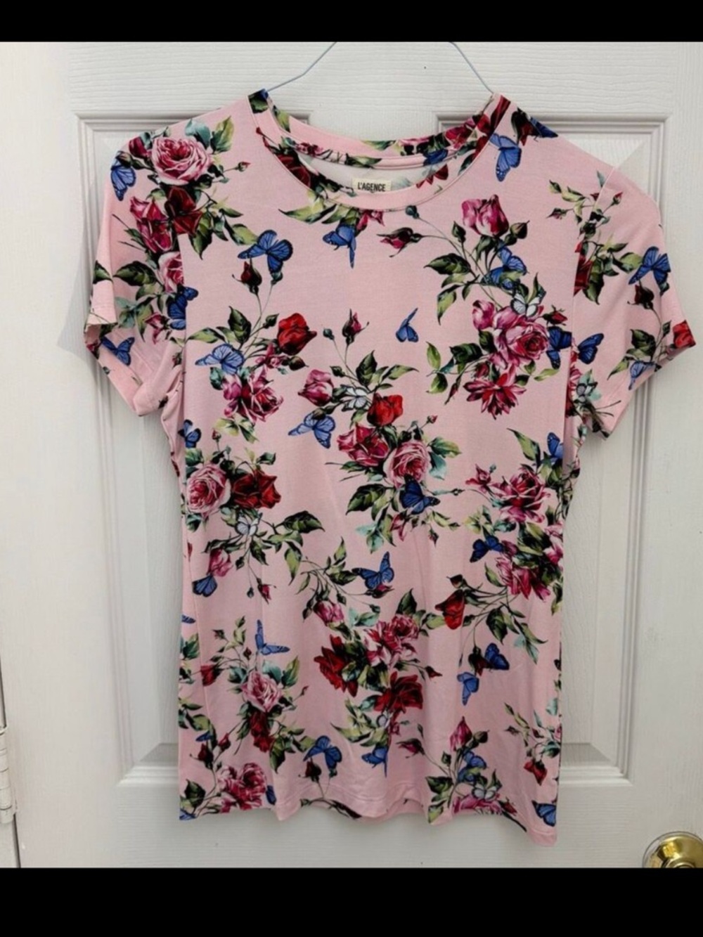L'AGENCE Pink Floral Short Sleeve Tee with Blue & Red Accents